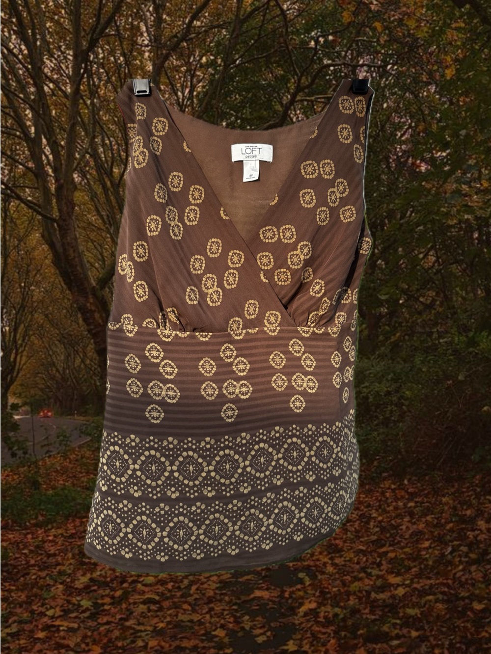 LOFT Brown Sleeveless Wrap-Front Tank with Gold Geometric Print